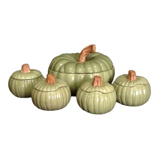 Williams-Sonoma Sage Green Pumpkin Soup Tureen & 4 Bowls - Set of 5 For Sale