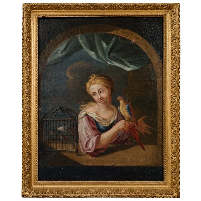Young Woman with a Parrot, Early 1700s, Oil on Canvas, Framed For Sale - Image 7 of 7