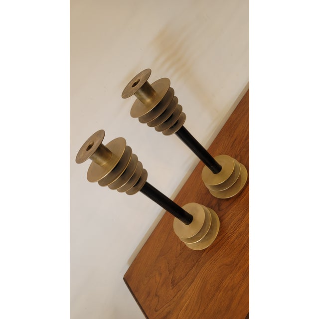 Antique Art Deco Baccus Candelsticks Brass and Wood Very Architectural Machine Age For Sale In San Diego - Image 6 of 11