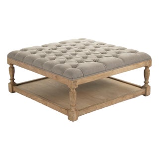 Patrice Tufted Square Ottoman - Gray Linen / Weathered Gray Frame For Sale
