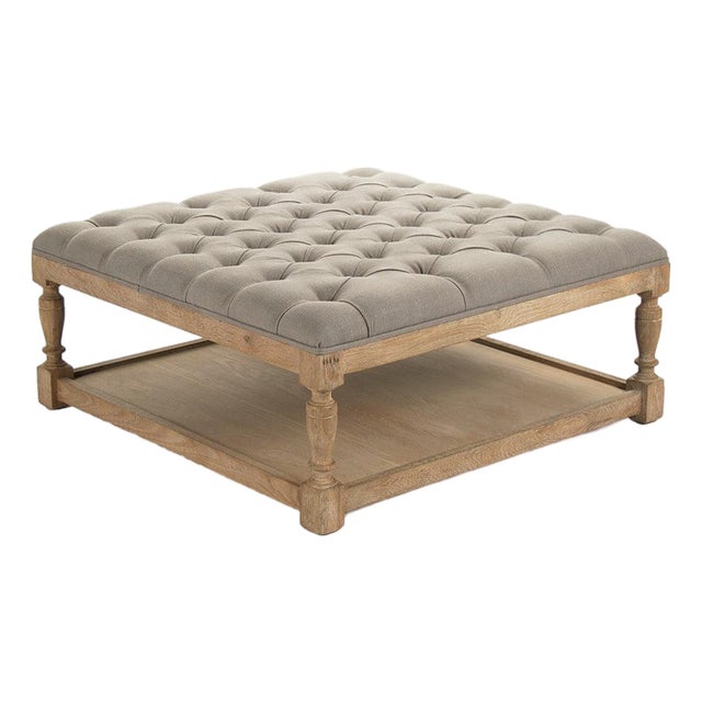 Patrice Tufted Square Ottoman - Gray Linen / Weathered Gray Frame For Sale