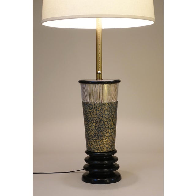 Modern 1950s Marbro Atomic Modern Charleton Hand Painted Art Glass Brass Wood Table Lamp One-of-a-Kind Sublime Condition For Sale - Image 3 of 12