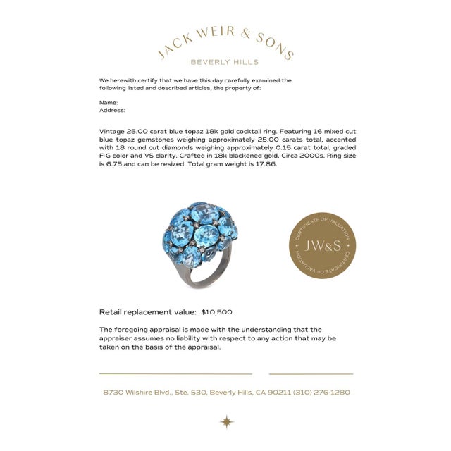 Metal Vintage 25.00 Carat Blue Topaz 18k Gold Cocktail Ring, Size 6.75 For Sale - Image 7 of 7