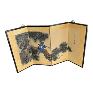 1970s Small Asian Four Panel Silk Hand Painted Folding Screen