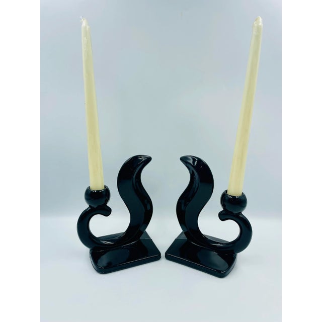 Pair of Early 20th Century Art Deco "Flame" Black Glass Candle Holders For Sale - Image 4 of 12