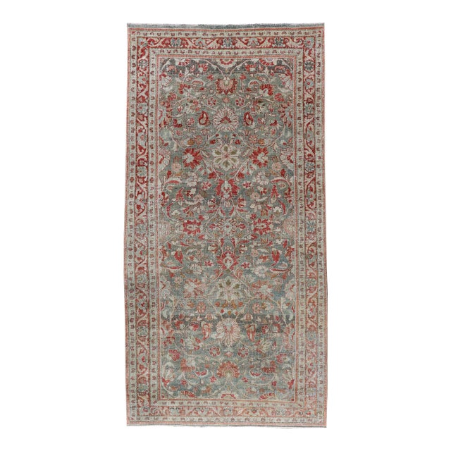 Antique Persian Mahal Gallery Rug With Soft Blue Ground and Red Allover Design 5'2 X 11'2 For Sale