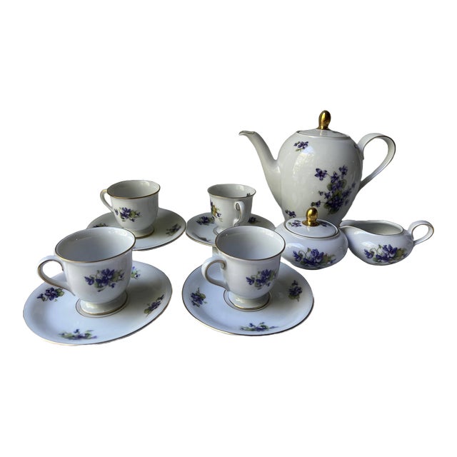 Vintage 1950s Eschenbach Bavaria Germany Porcelain Tea Set With Violets- 11 Pieces For Sale