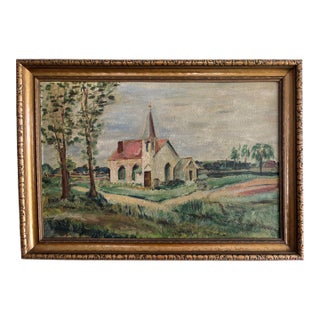 Early 20th Century Folk Art Landscape Oil Painting, Framed For Sale