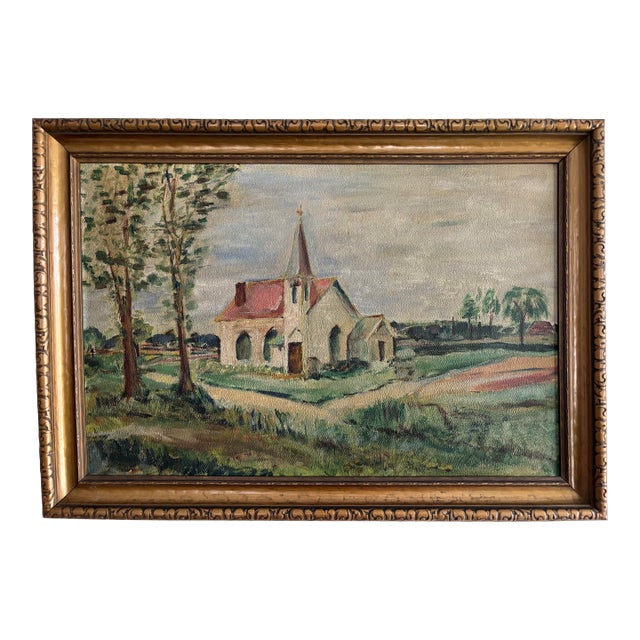 Early 20th Century Folk Art Landscape Oil Painting, Framed For Sale