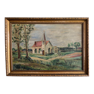 Early 20th Century Folk Art Landscape Oil Painting, Framed