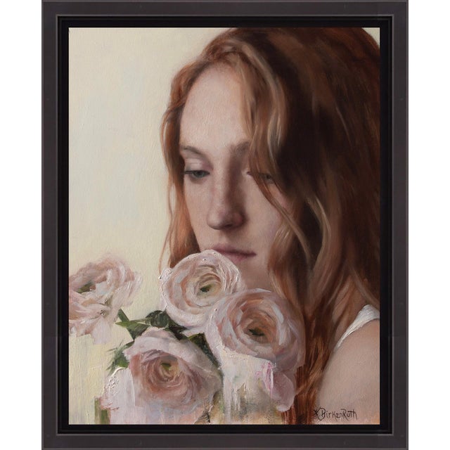 This oil on panel artwork features a contemplative figure gently holding a bouquet of soft pink roses, creating an...