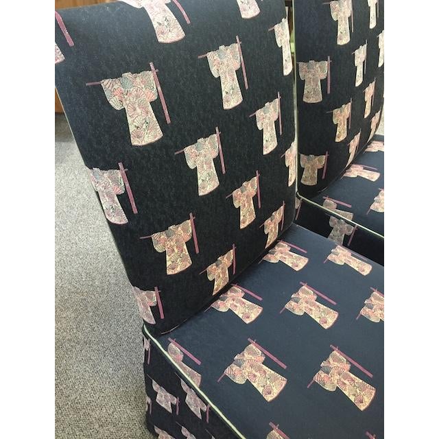 Parson Style Custom Chairs With Asian Upholstery, Skirted Bottom With Silk Inner Lining. For Sale - Image 13 of 13