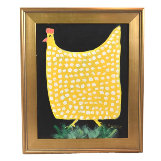 Yellow & White Spotted Folk Art Chicken Hen Painting by Ruth Arenz Including the Antiqued Gold Wood Frame For Sale In Los Angeles - Image 6 of 6
