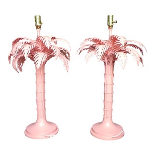 Mid Century Salmon Color Tole Palm Tree Lamps - a Pair For Sale