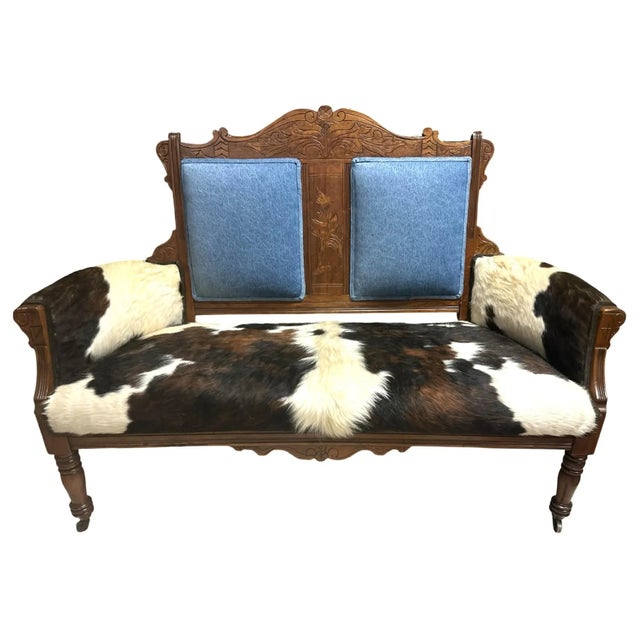 'Desperado Eastlake' 19th Century Rocking Chair Reupholstered in Cowhide and Denim 23" X 23" X 40" For Sale - Image 9 of 10