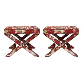 1990s Billy Baldwin X Style Upholstered Red Benches Ottomans– A Pair For Sale