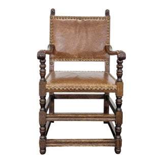 Vintage Leather Dining Armchair With Carved Finials For Sale