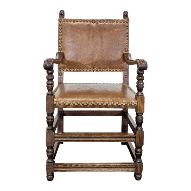 Vintage Leather Dining Armchair With Carved Finials For Sale