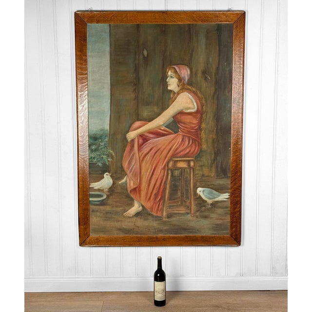 Antique Signed Realism Extra-Large Oil Painting of Women w/ Doves, 19th Century - Pairs Nicely with Many Traditional &...