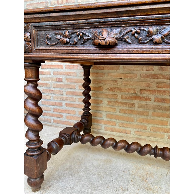 French Carved Wood Writing Table With Barley Twist Legs, Mid-20th Century For Sale - Image 6 of 17