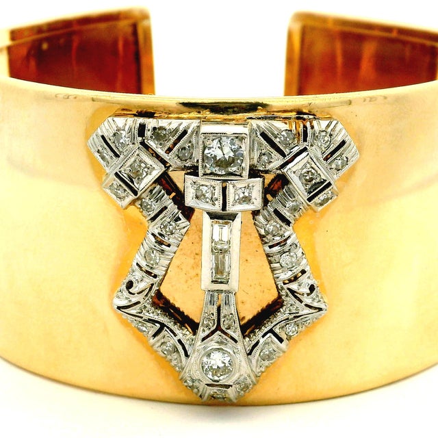 1930s Art Deco Diamond Platinum & 14k Gold Wide Marriage Cuff Bracelet For Sale - Image 15 of 15