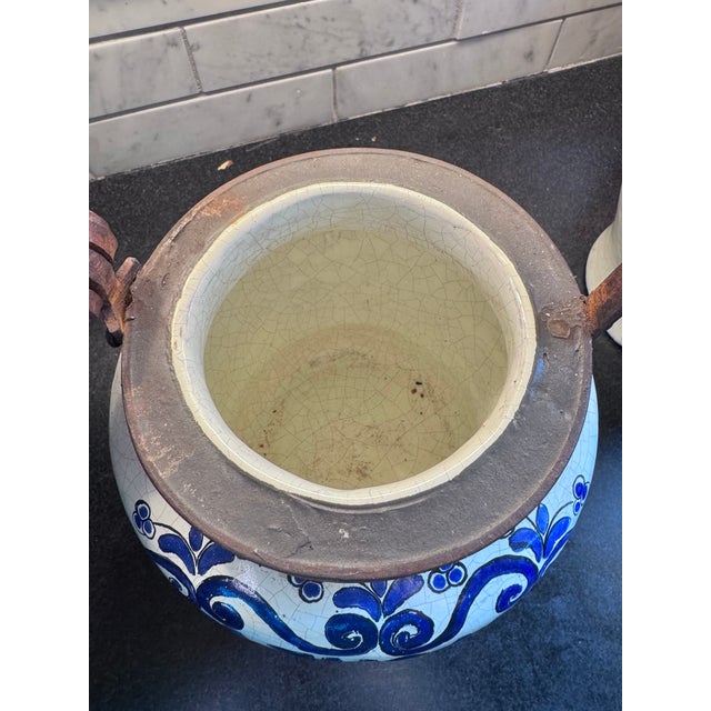 Three Mexican Talavera Style Glazed Pottery Canisters With Iron Hinged Lids For Sale In Saint Louis - Image 6 of 11