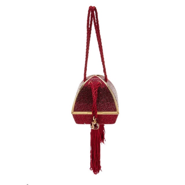Judith Leiber 1995 Judith Leiber Fortune Teller Origami Red Crystal Tassel Evening Bag Minaudiere For Sale - Image 4 of 11