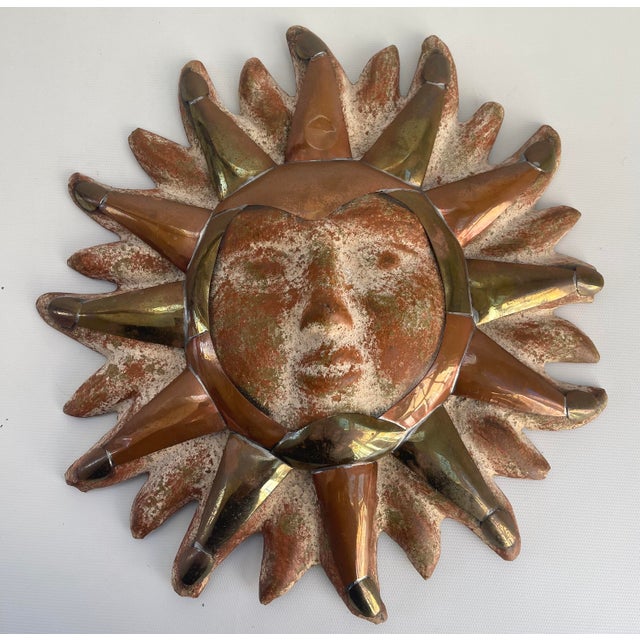 Vintage celestial pottery and metal (brass & copper) sun face wall hanging. Unmarked.