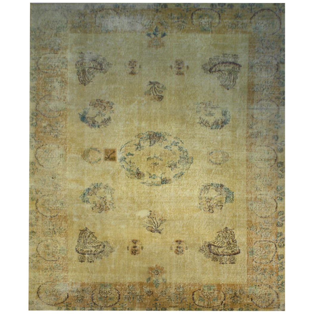 Vintage Turkish Distressed Yellow Overdyed Wool Rug 6′8″ × 9′7