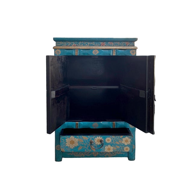 Distressed Teal Green Golden Floral Graphic Side End Table Nightstand For Sale - Image 4 of 11