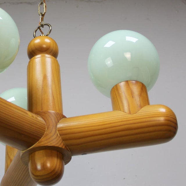 1970s Vintage Ceiling Lamp in Wood and Green Glass, 1970s For Sale - Image 5 of 8