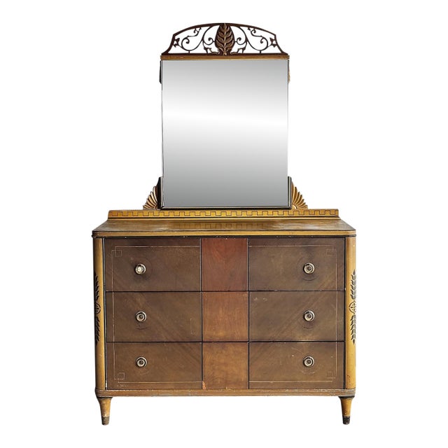 Early 20th Century Art Deco Distressed Dresser With Mirror For Sale