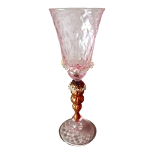 1970s Murano Glass Goblet "Tipetto" Pink Blown Glass With Gold Leaf Decoration