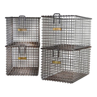 Set of Four Vintage Metal Baskets With Brass Numbered Plates For Sale