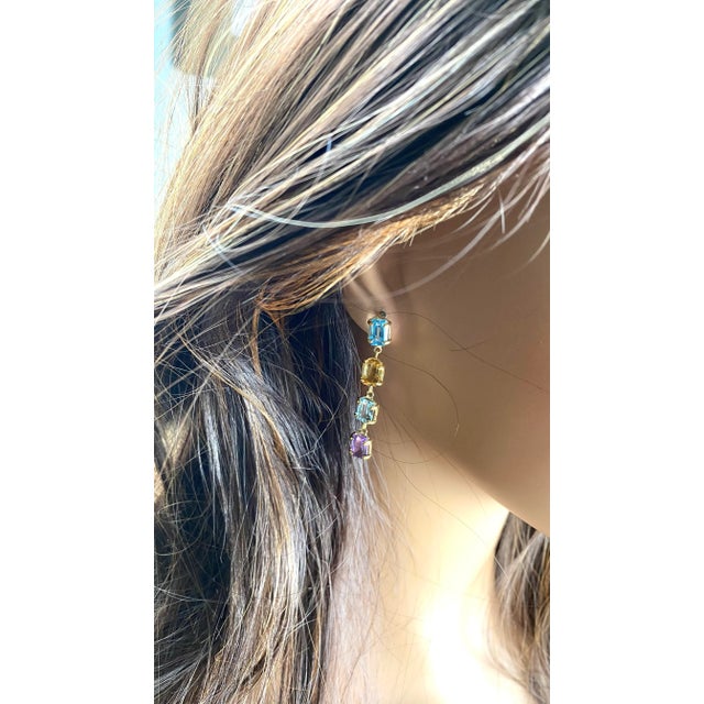 14k Gold 1.70 Inch Long Drop Earrings Emerald Shaped Blue Topaz Amethyst Citrine - 2 Pieces For Sale In New York - Image 6 of 8