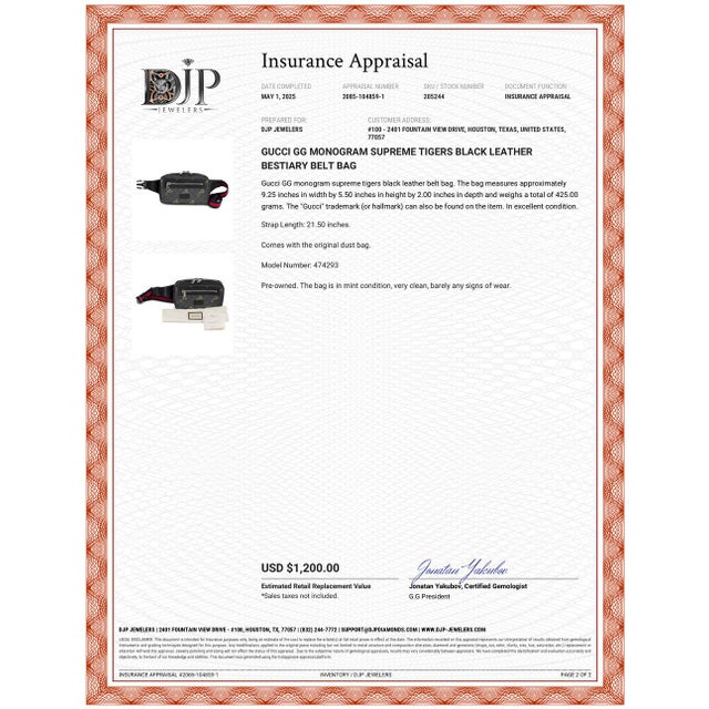 Gucci Gg Monogram Supreme Tigers Black Leather Bestiary Belt Bag For Sale - Image 10 of 10