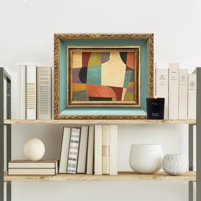 This is a new abstract color-block oil painting exploring colors and shapes. The oil painting is done on a hardboard...