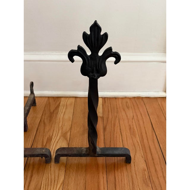 Midcentury Pair of French Fleur-De-Lis Cast Iron Fireplace Andirons For Sale - Image 4 of 8