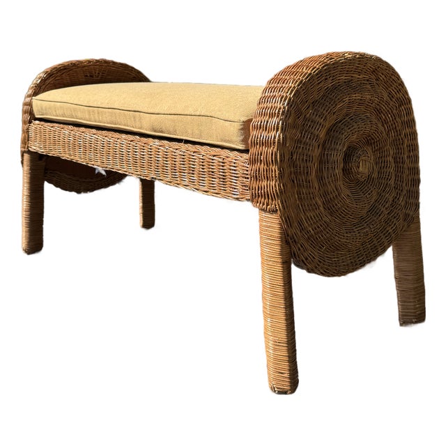 Vintage Wicker Bench | Coastal Rattan Barrel-Back Settee With Cushion For Sale