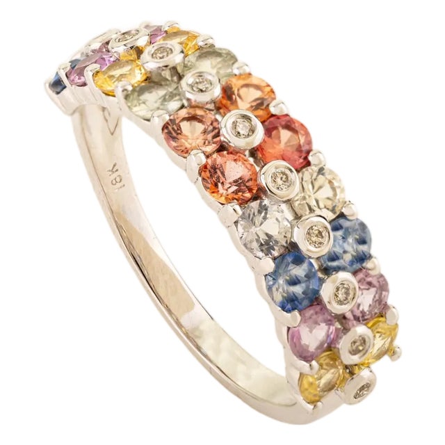 18k Gold Modern Deco Style Multi Color Sapphire Band Ring for Women in Size 6.5 For Sale