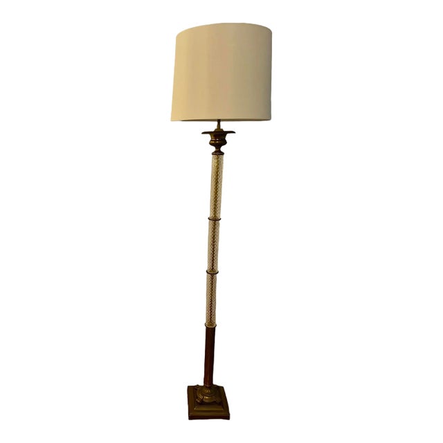 1930s Art Deco Neoclassical Form Torchiere Brass and Crystal Floor Lamp For Sale