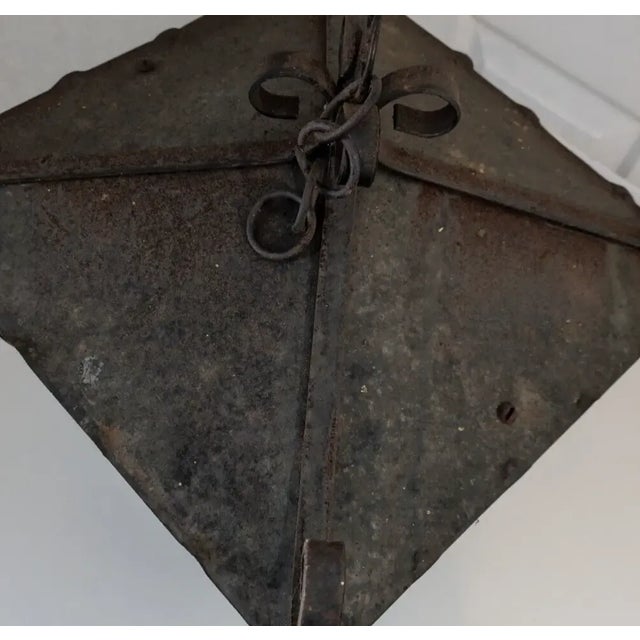 Mid 20th Century Gothic Spanish Revival Wrought Iron & Green Glass Hanging Lantern For Sale - Image 5 of 10