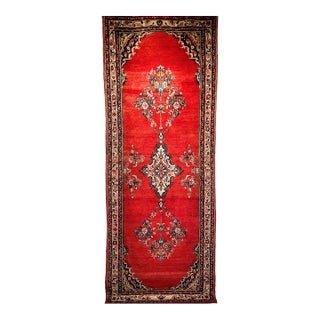Vintage Persian Hamadan Wide Runner, Hand-Knotted Wool, Open Field Geometric Pattern, Red & Ivory. 4x10 For Sale