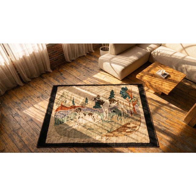 1930s Ivory Scene Animal Antique American Hooked Rug 2' 0" X 3' 6" Handknotted Wool Carpet For Sale - Image 13 of 14