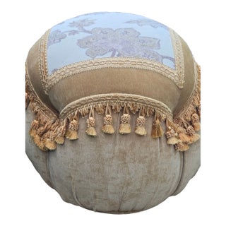 Vintage French Provincial Round Ottoman / Pouf With Decorative Tassel Fringe & Floral Upholstery For Sale