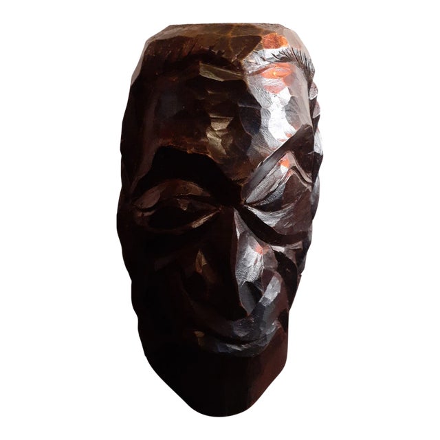 1980s Hand Carved Wooden Face Sculpture For Sale