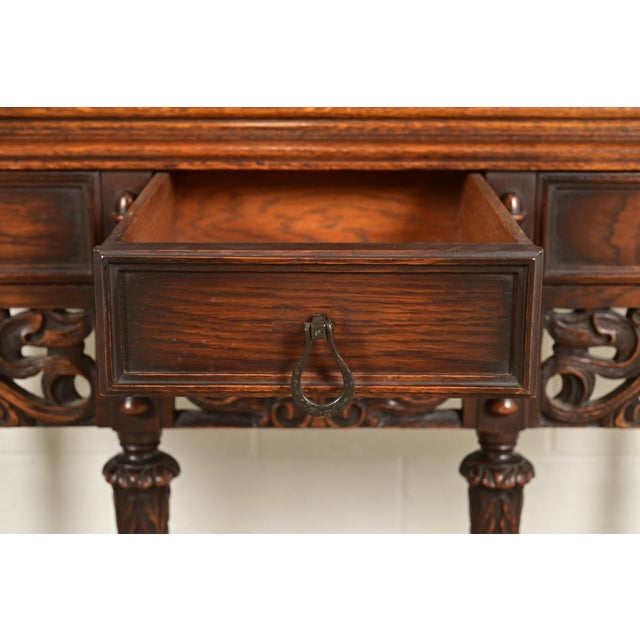 Brown Lifetime Furniture Antique English Jacobean Carved Oak Drop Front Secretary Desk, Circa 1920s For Sale - Image 8 of 16