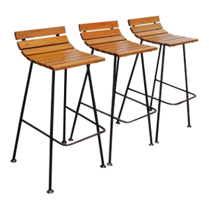 Set of Three Vintage Modernist Maple and Wrought Iron Bar Stools