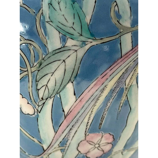 Sky Blue Vintage 1970s Porcelain Chinese Floral and Bird Vase For Sale - Image 8 of 9