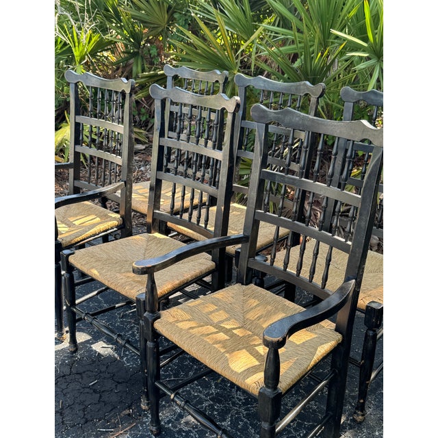 Set of 6 Vintage Black Painted Spindle-Back & Ladder-Back Rush Seat Dining Chairs For Sale - Image 10 of 12